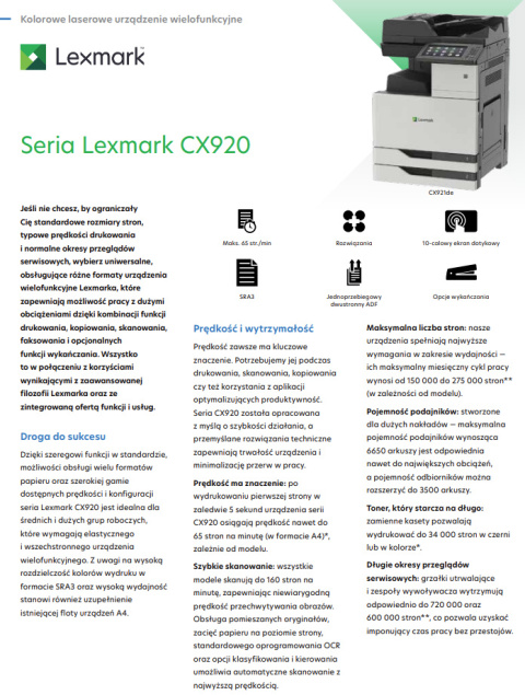 Drukarka wielofunkcyjna laserowa kolor Lexmark CX921 A3 DADF DUPLEX KLASA A Drukarka wielofunkcyjna laserowa kolor Lexmark CX921 A3 DADF DUPLEX KLASA A