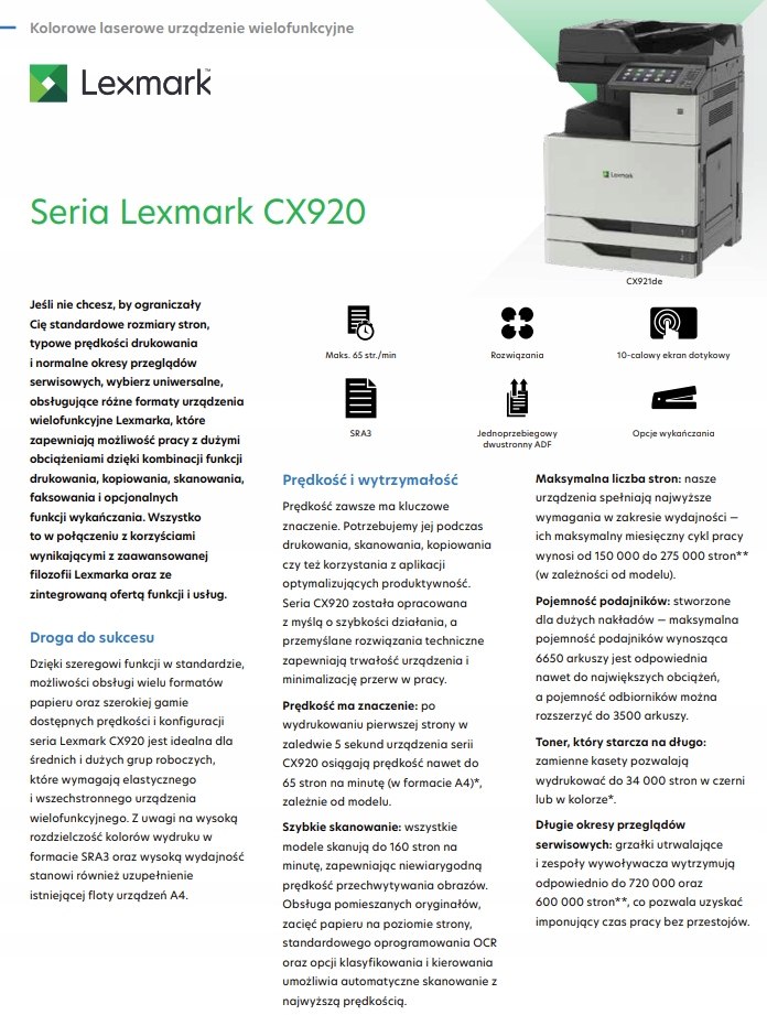 Drukarka wielofunkcyjna laserowa kolor Lexmark CX921 A3 DADF DUPLEX KLASA A EAN (GTIN) 734646629782